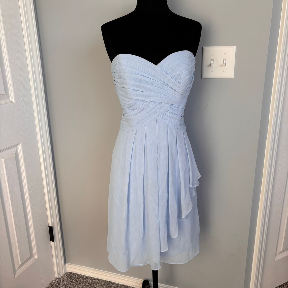 David's Bridal Strapless Light Blue Chiffon Dress